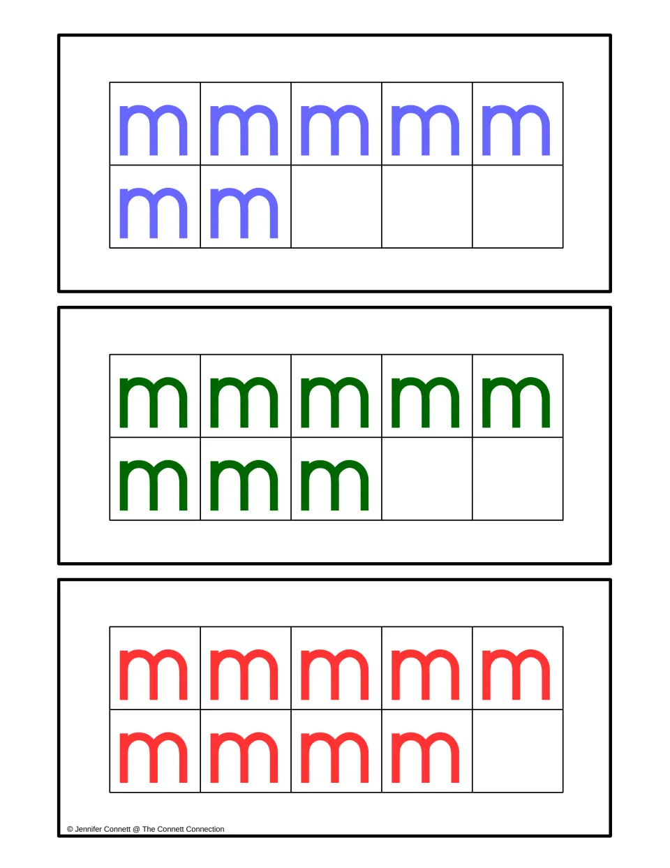 Counting center ten-frame cards for quantities 7, 8, and 9, using lowercase m letters to match numeral cards