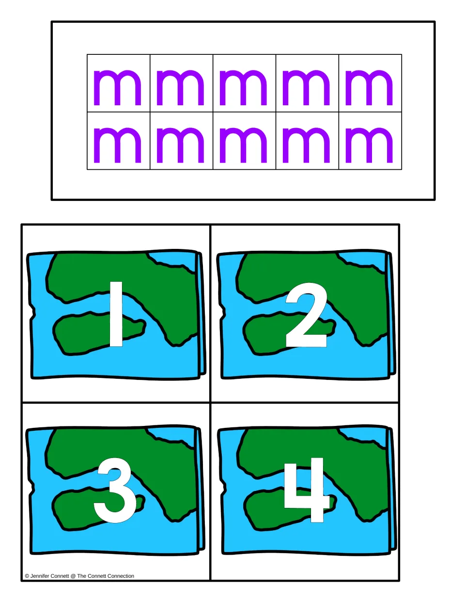 Counting center ten-frame card containing 10 lowercase m letters, plus map-themed numeral cards 1–4