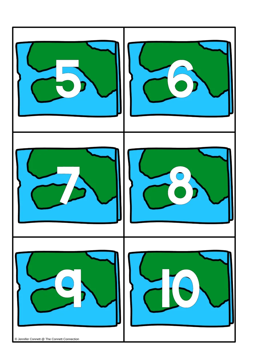 Counting center map-themed numeral cards 5, 6, 7, 8, 9, and 10 for matching to lowercase m ten-frame cards