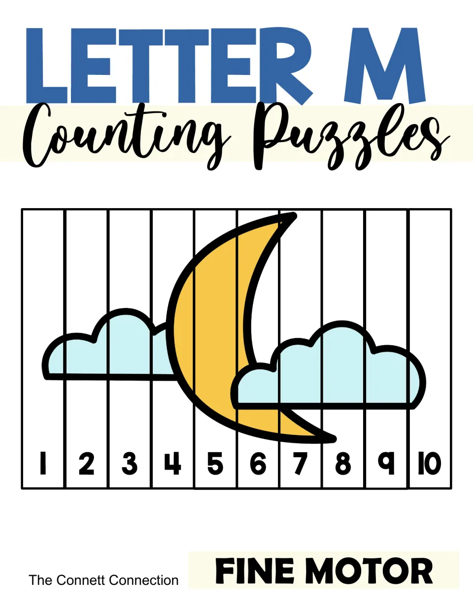 Cover of Letter M counting puzzles: a moon and clouds picture cut into 10 strips numbered 1 to 10, labeled fine motor