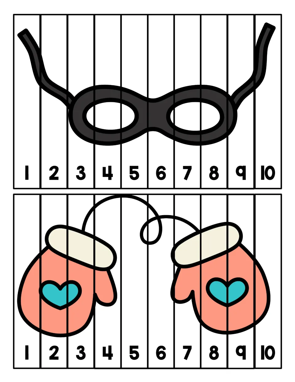 Mask and mittens puzzles: children cut 10 strips and order them 1 to 10 to rebuild each M picture, practising number order