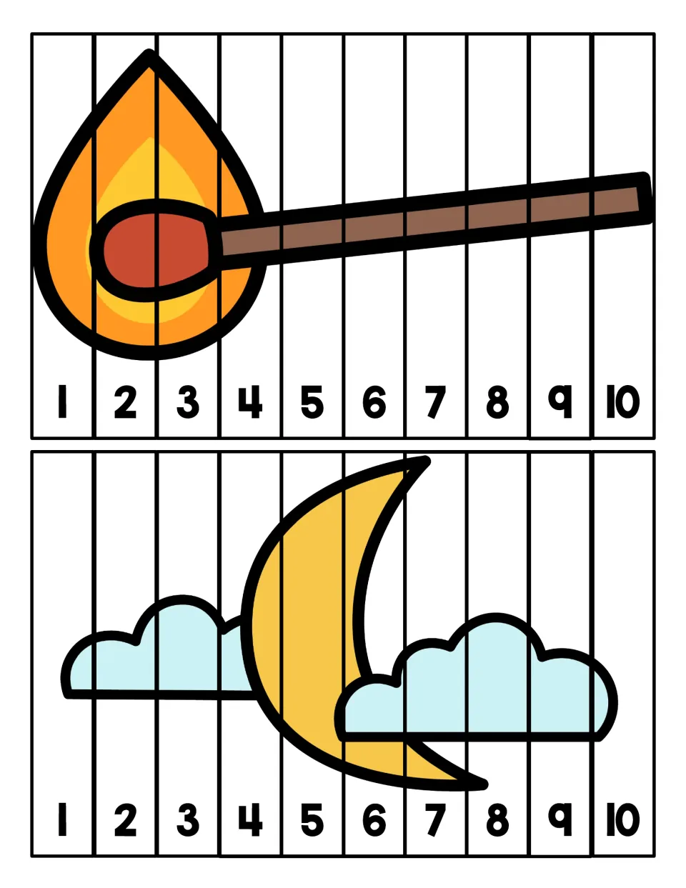 Match and moon puzzles: children sequence numbered strips from 1 to 10 so the lit match and crescent moon pictures reappear