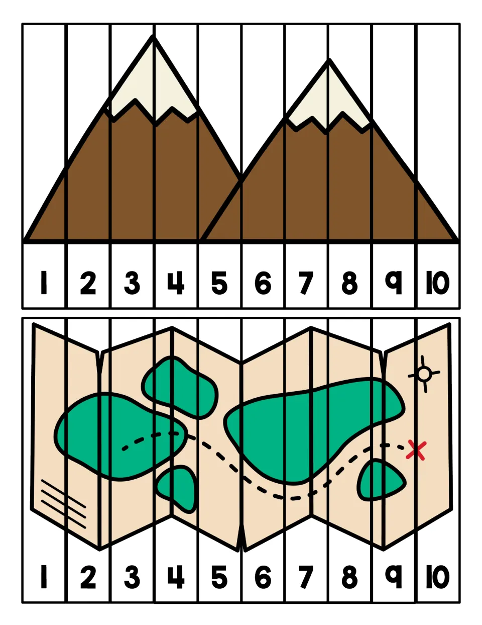 Mountains and map puzzles: children put 10 numbered strips in order from 1 to 10 to complete snowy peaks and a treasure map