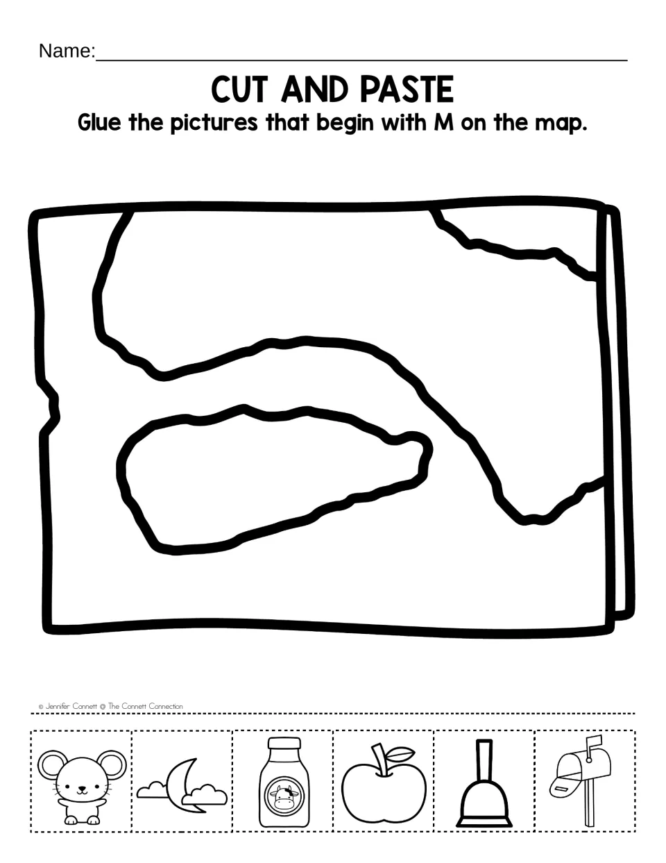 Letter M beginning sounds: students cut out mouse, moon, milk, apple, plunger and mailbox and glue the M pictures on a map