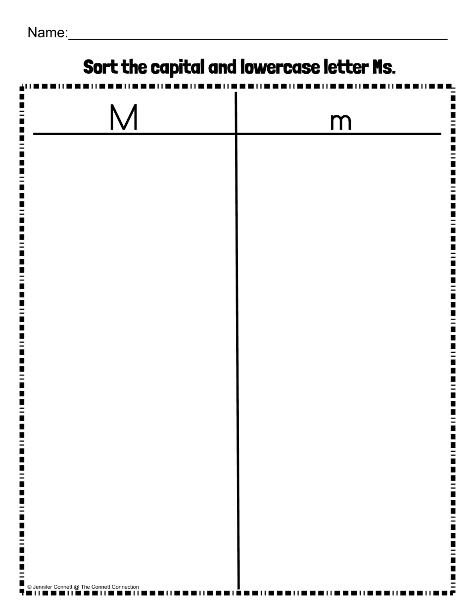 Capital and lowercase M sort: students place each letter under the M heading or the m heading of a two-part chart