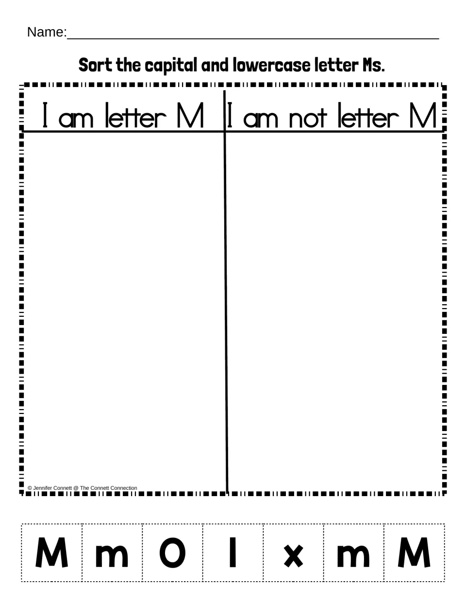 Letter M recognition: students cut out M, m, O, l and x tiles and glue them under I am letter M or I am not letter M