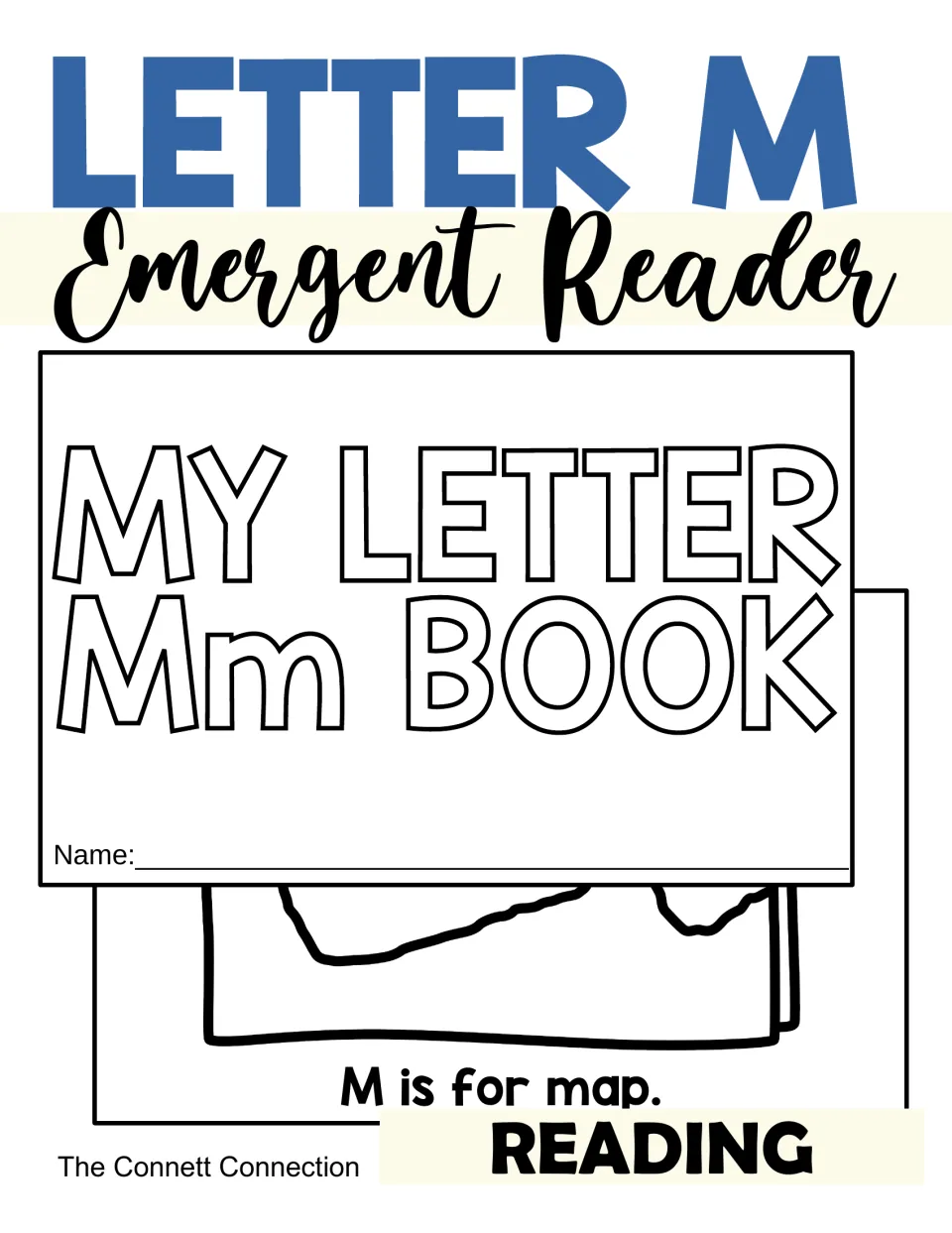 Letter M Emergent Reader cover showing a My Letter Mm Book mini-book with a name line and a map reading "M is for map."
