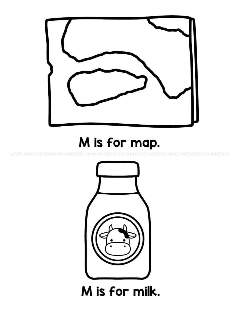 Letter M mini-book pages: students read "M is for map." and "M is for milk." under drawings of a map and a milk bottle