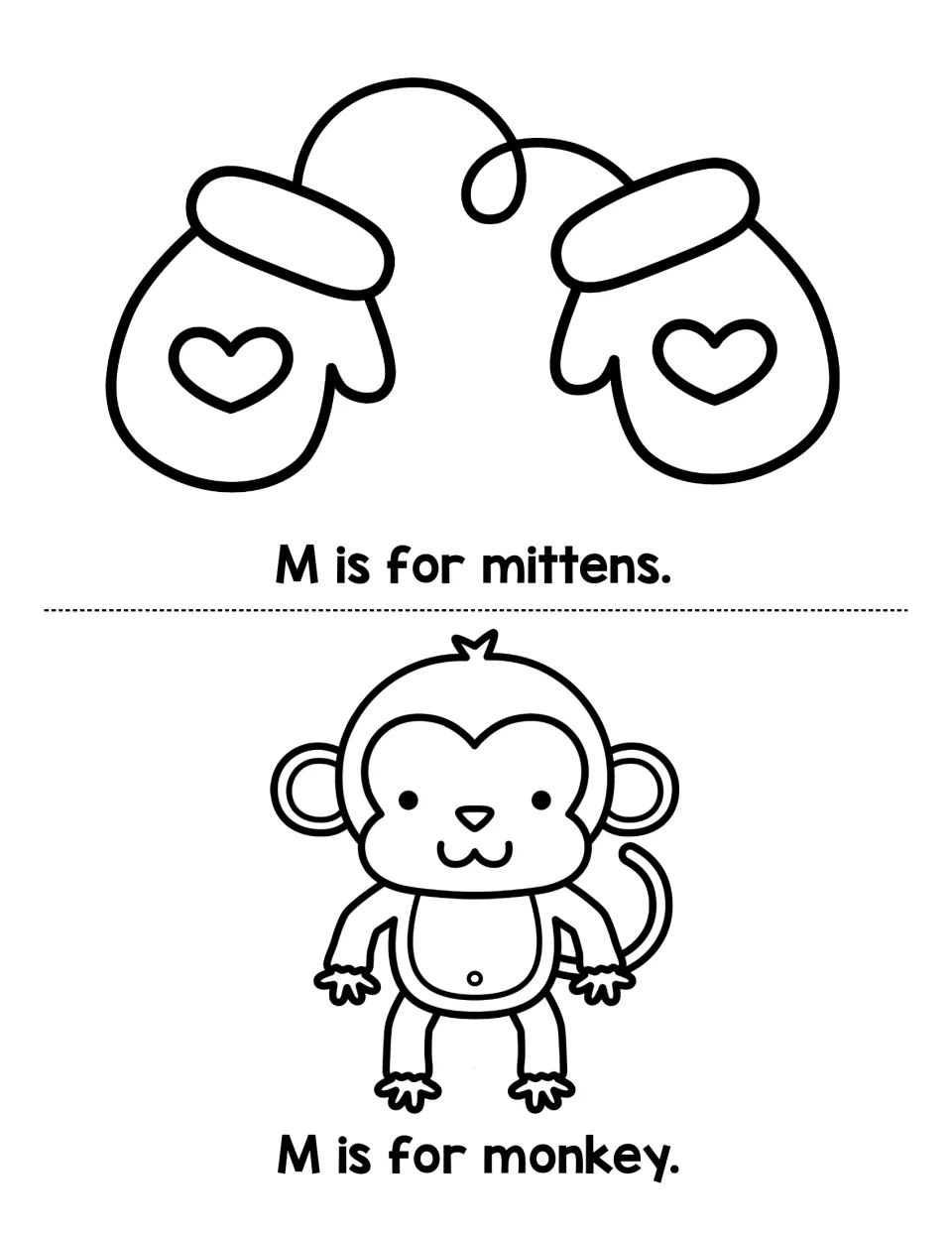 Letter M mini-book pages: students read "M is for mittens." and "M is for monkey." under drawings of mittens and a monkey