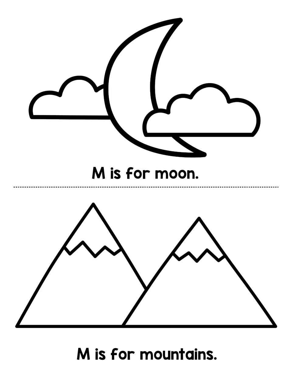 Letter M mini-book pages: students read "M is for moon." and "M is for mountains." under a moon and two snowy peaks