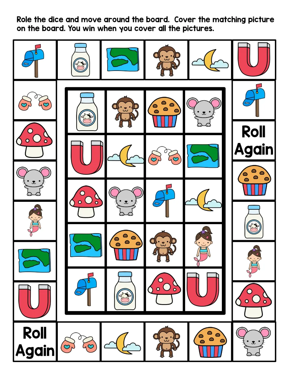 Letter M sound game in colour: students roll, move and cover matching pictures of milk, moon, monkey, mouse and muffin