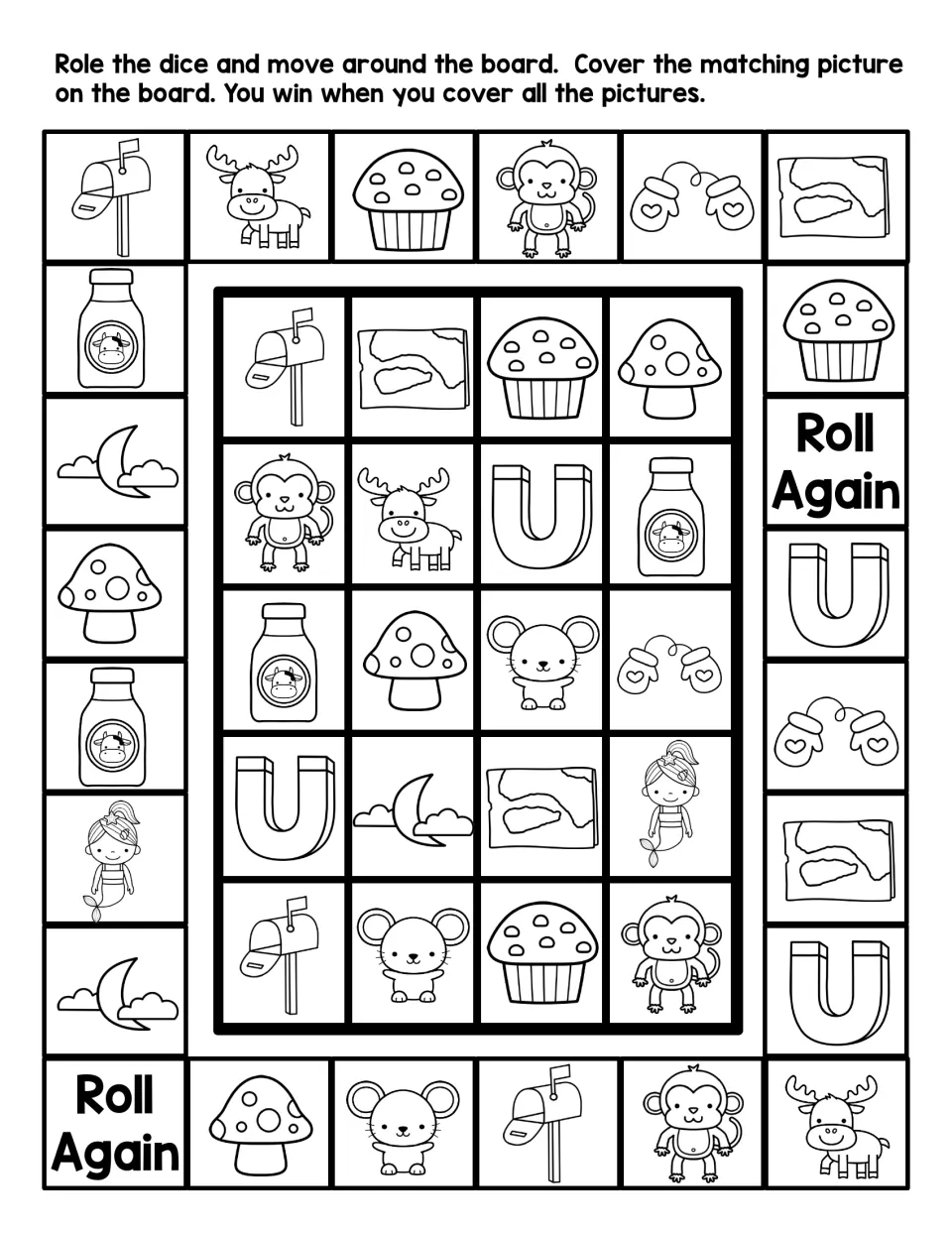 Black-and-white roll-and-cover version: students cover matching moose, mailbox, map, mittens and mushroom pictures