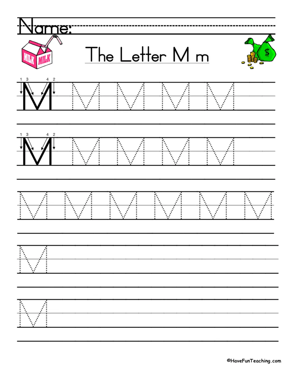 The Letter M m: students trace dotted capital M after a numbered stroke-order model, then write M on their own