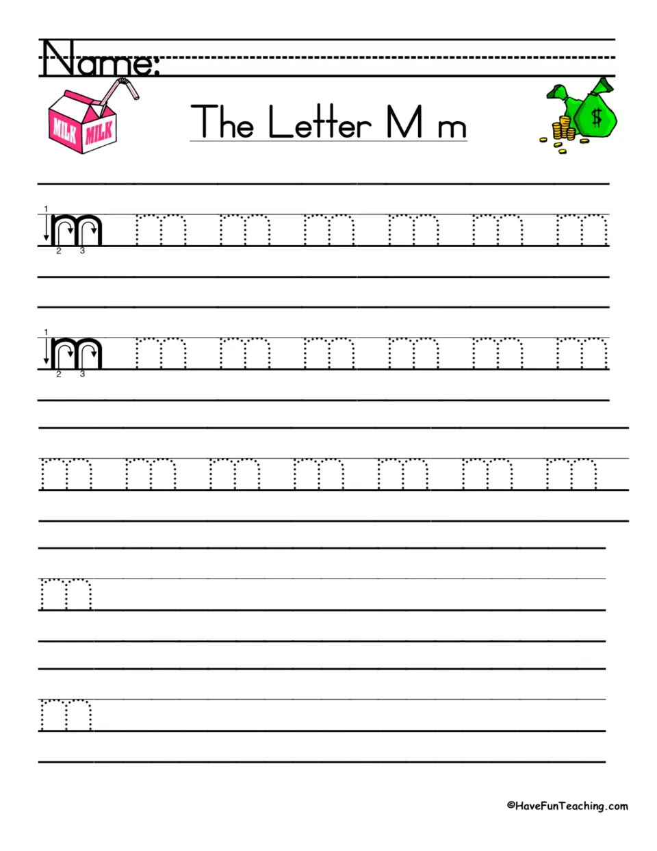 Lowercase m formation: students trace dotted m letters after a 3-step stroke model, then write m independently