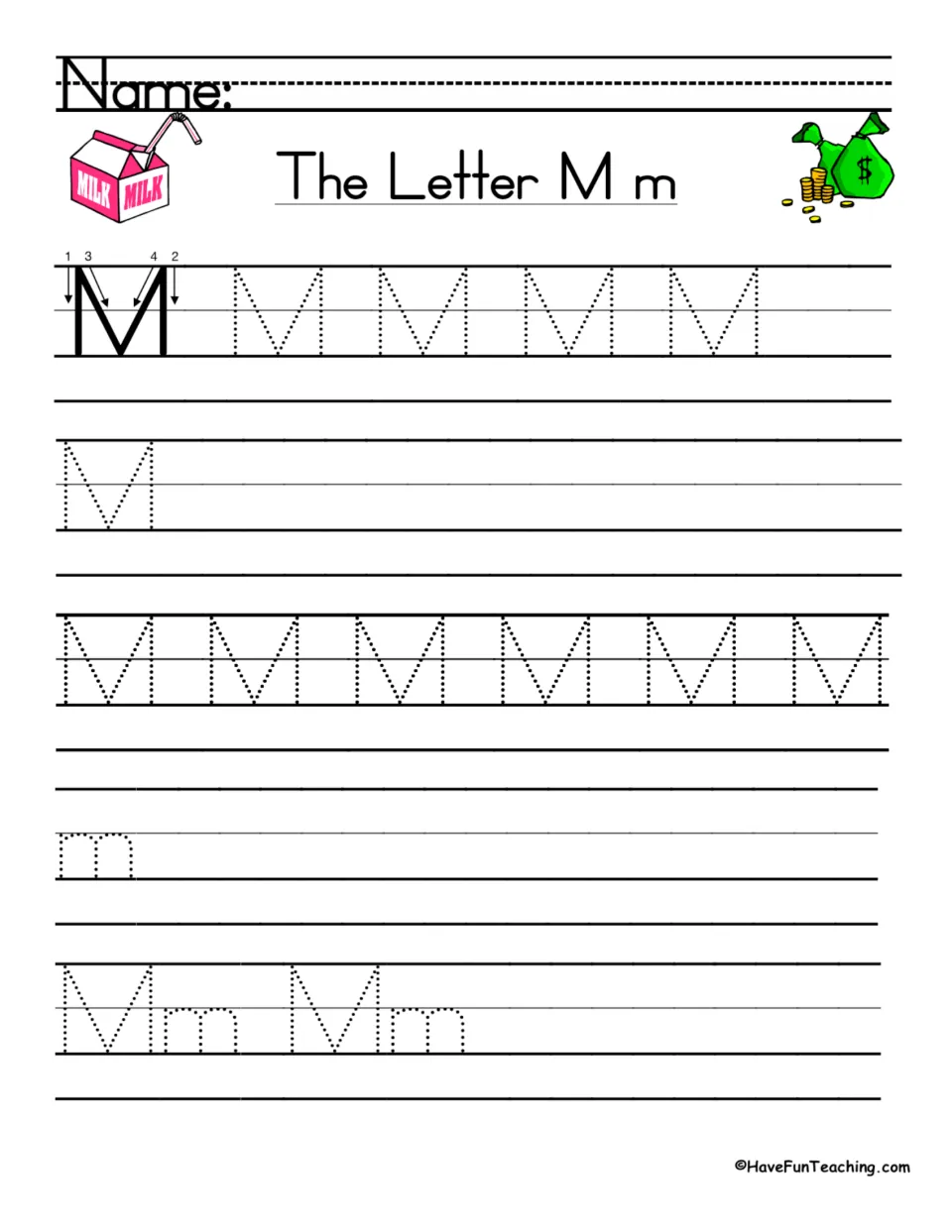 Mixed letter M review: students trace capital M and lowercase m, then trace the letter pair Mm to finish the page