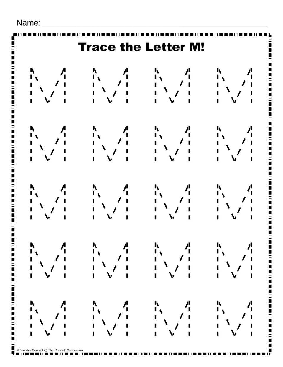Trace the Letter M: students trace 20 dotted uppercase M letters to practise forming the capital M with straight strokes