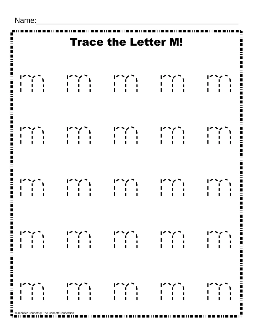 Lowercase m tracing practice: students trace 25 dotted lowercase m letters, building the down stroke and two humps