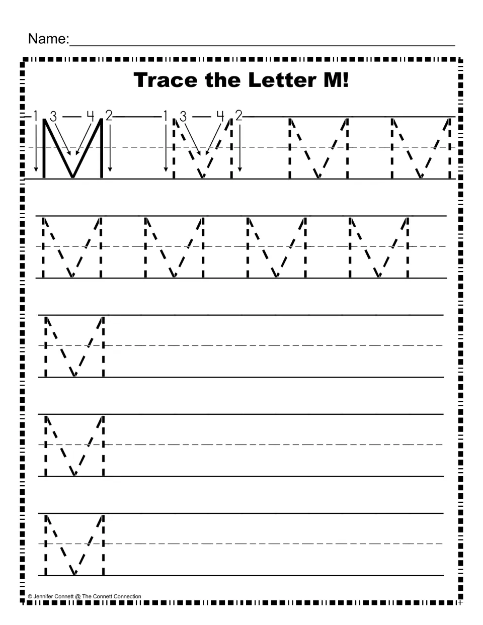 Capital M handwriting practice: numbered arrows show stroke order 1 to 4, then students trace M and write it on their own