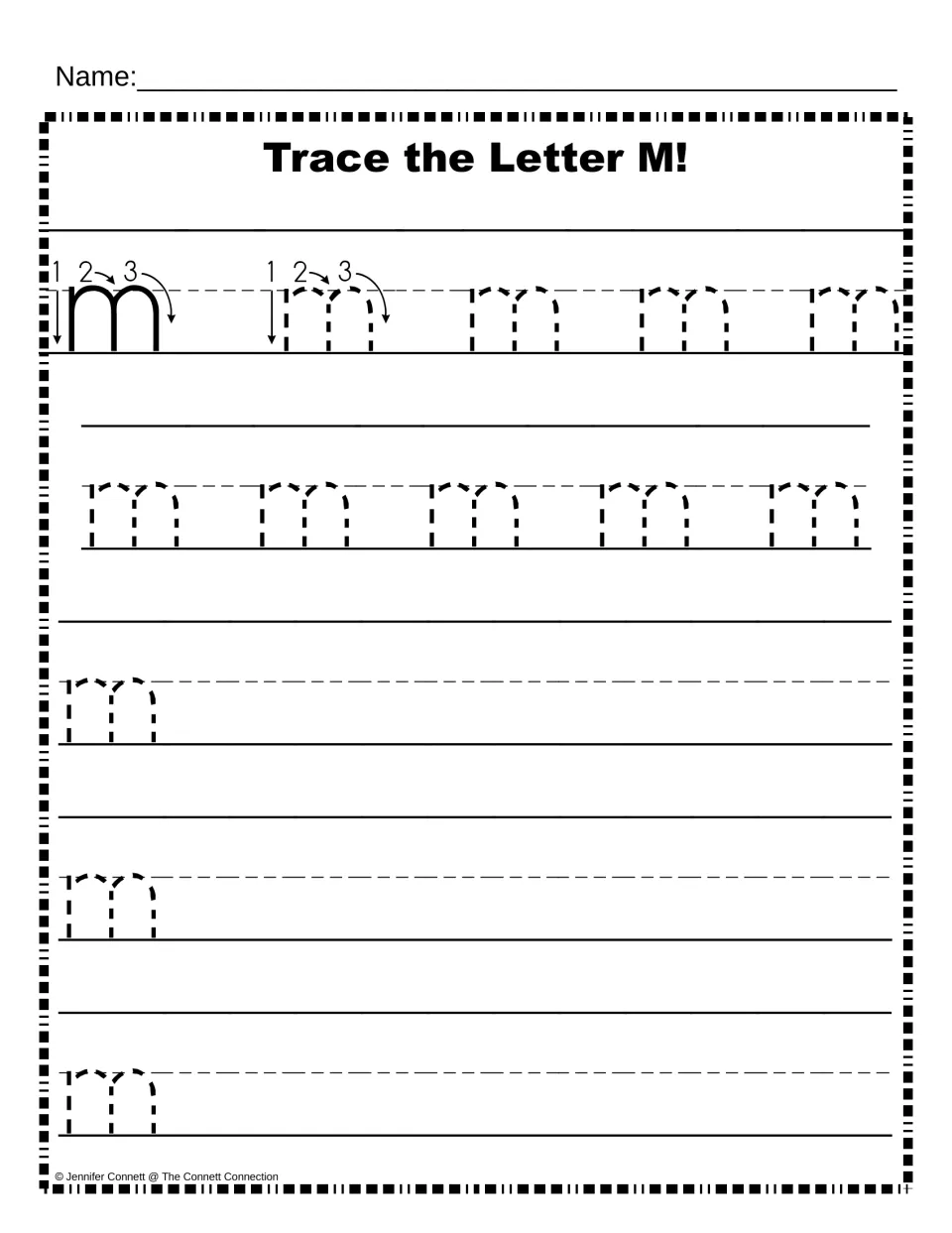 Lowercase m formation: a model with strokes numbered 1 to 3 guides students to trace m and then write their own