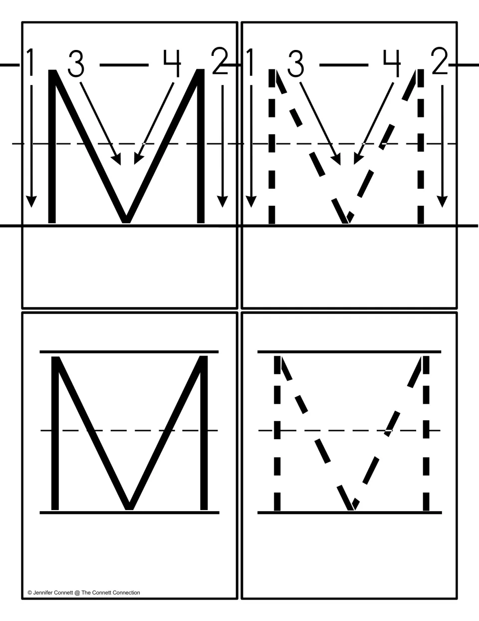 Four uppercase M cards: solid and dotted M with numbered stroke arrows, plus a plain solid M and a dotted M for tracing