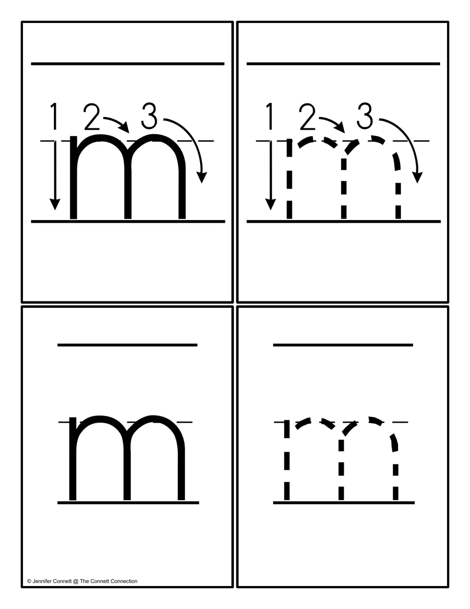 Four lowercase m cards: solid and dotted m with strokes numbered 1 to 3, plus a plain m and a dotted m to trace