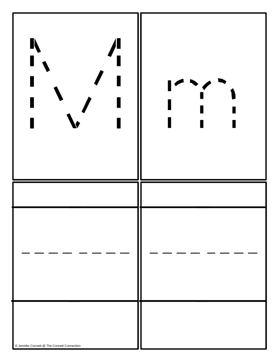 Letter M practice cards: a dotted capital M and a dotted lowercase m to trace, plus two blank cards to write on