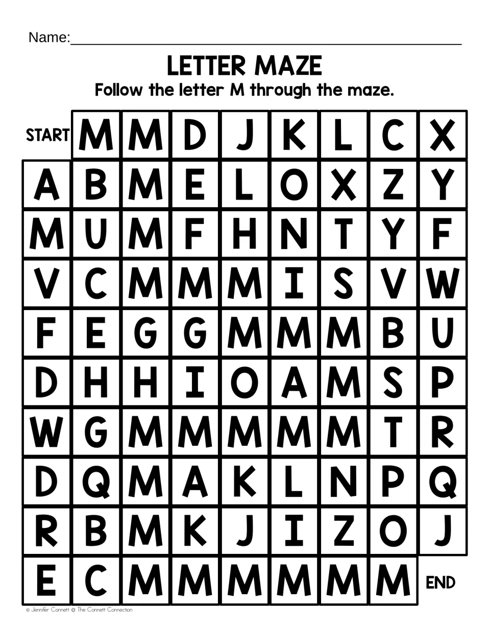 Uppercase letter M maze: students follow a path of capital M letters from START to END among mixed letters to recognize M