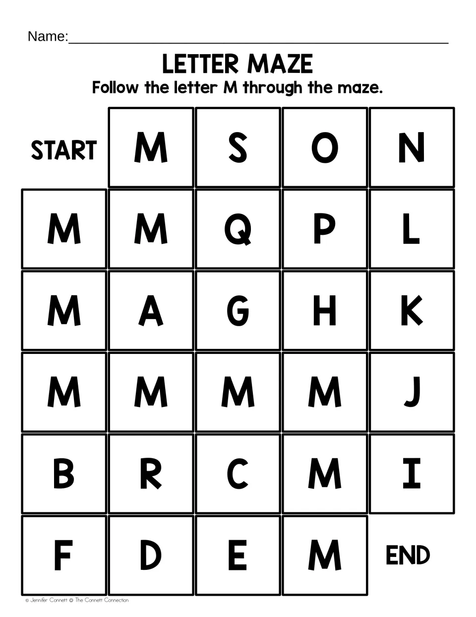 Capital M maze with fewer, larger letters: students trace the M path from START to END, skipping S, Q, G and R