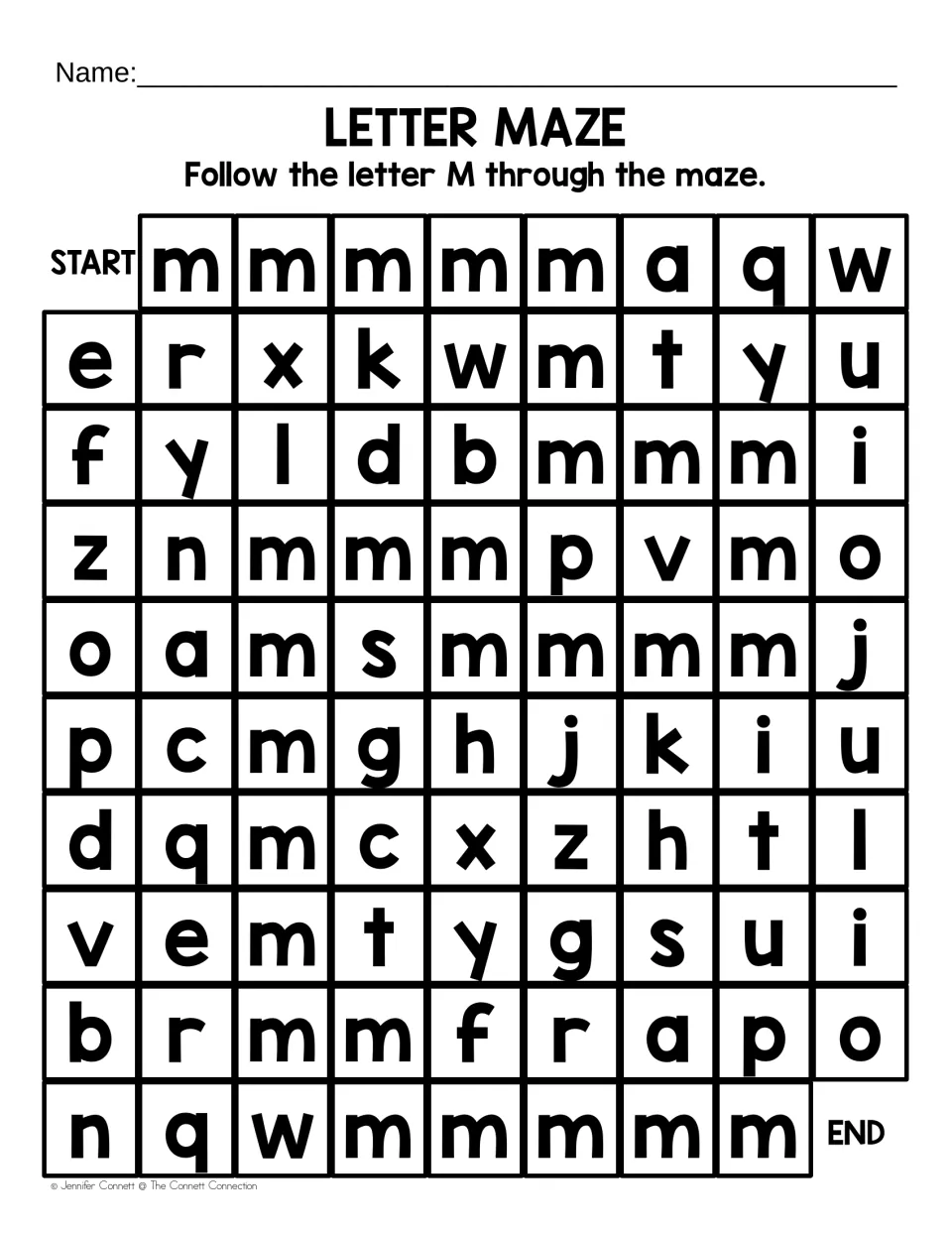Lowercase m maze: students follow the small letter m from START to END, telling m apart from n, w and other letters