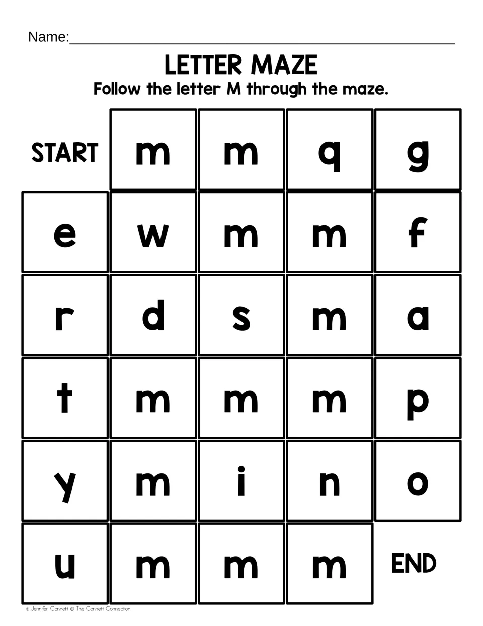 Lowercase m maze with large letters: students trace the path of m letters from START to END past q, s, i and n
