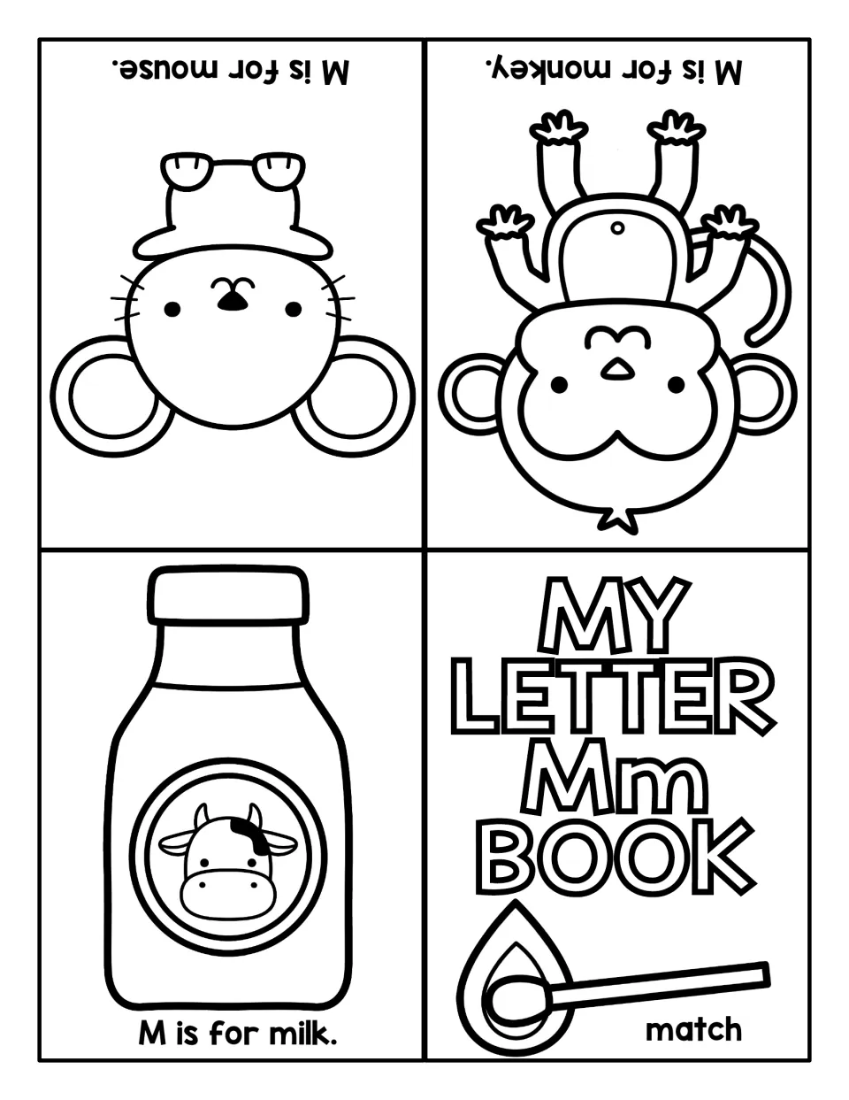 Letter Mm sound book to color: match, milk, monkey and mouse pages with 'M is for' sentences, printed to fold