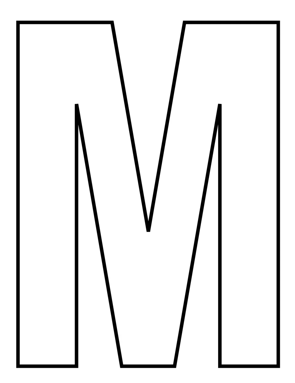 Uppercase M outline in a straight block font, filling the page, for students to color, trace or decorate in a letter craft