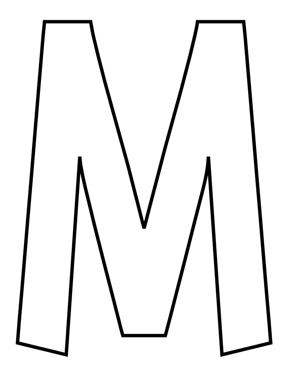 Uppercase M outline with slightly flared, tapered legs, a second font style for students to color, decorate or cut out