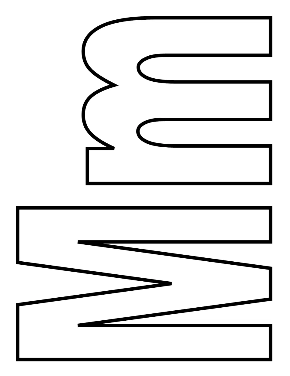 Uppercase M and lowercase m outlines printed sideways together in block letters for decorating as a matched letter pair