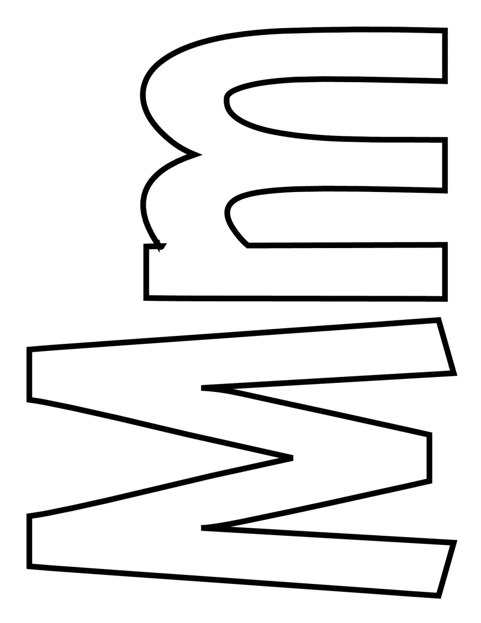 Uppercase M and lowercase m outlines turned sideways in a tapered font, for students to decorate side by side as a pair