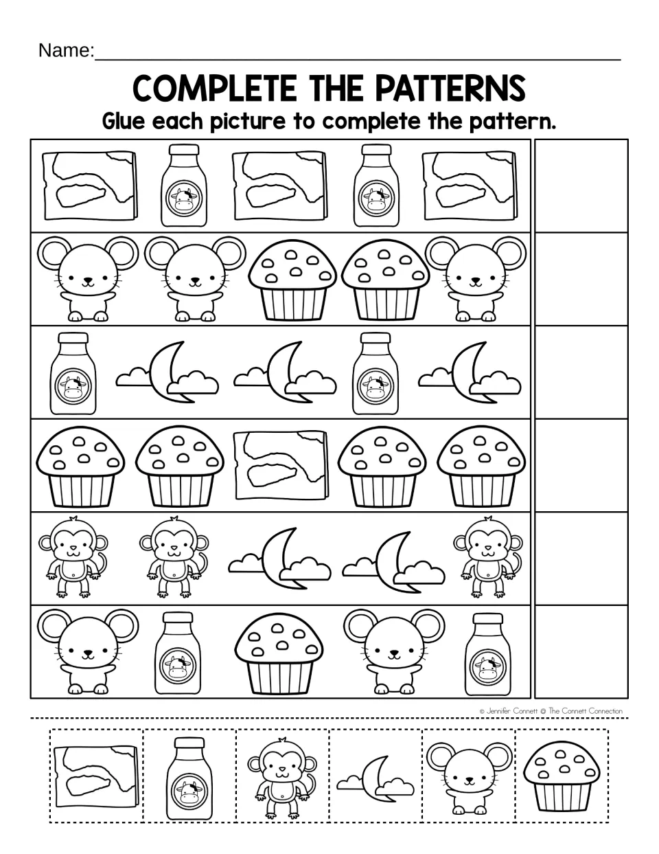 Complete the patterns: students cut out map, milk, monkey, moon, mouse and muffin pictures and glue one to end each row