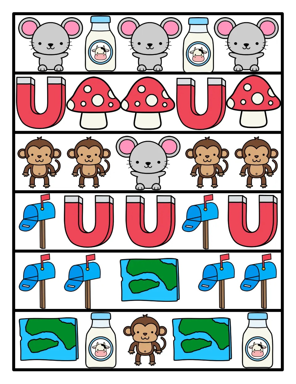Color pattern strips: six repeating sequences of mouse, milk, magnet, mushroom, monkey, mailbox and map pictures to extend