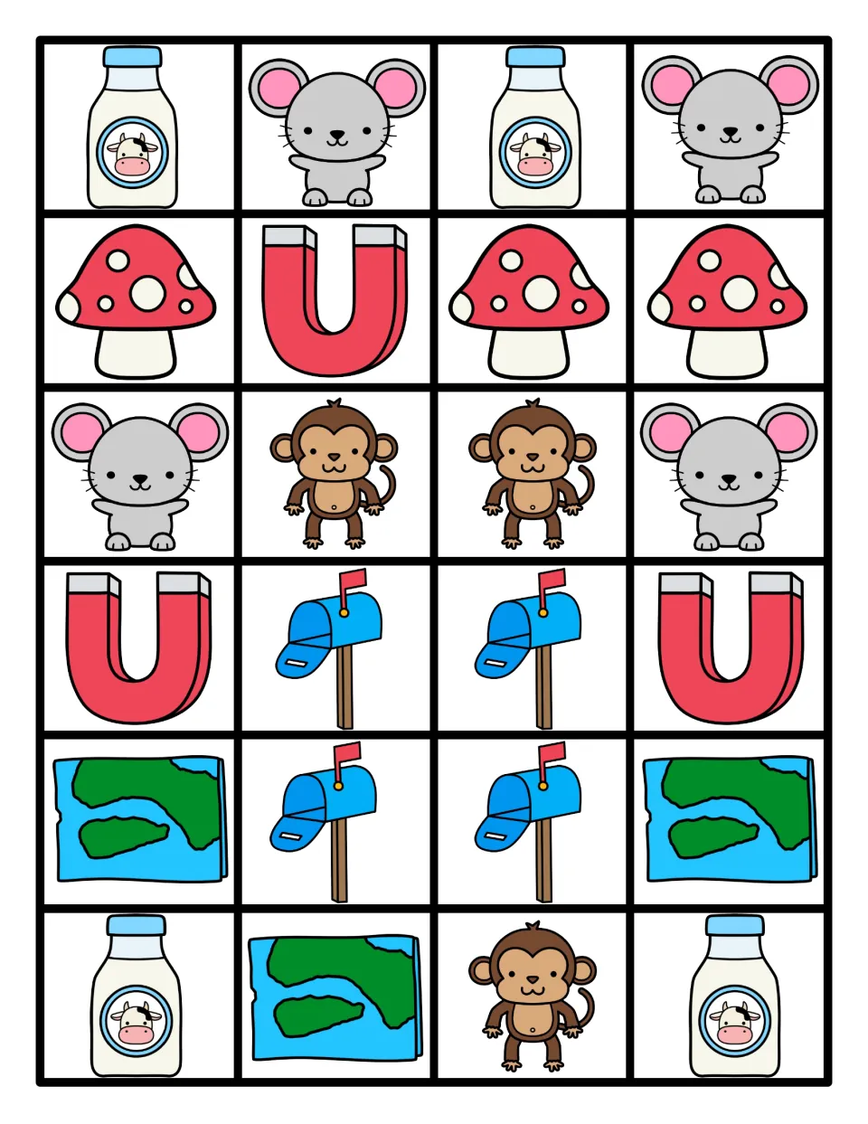 M picture cards: 24 color cards of milk, mouse, mushroom, magnet, monkey, mailbox and map to cut apart for patterning