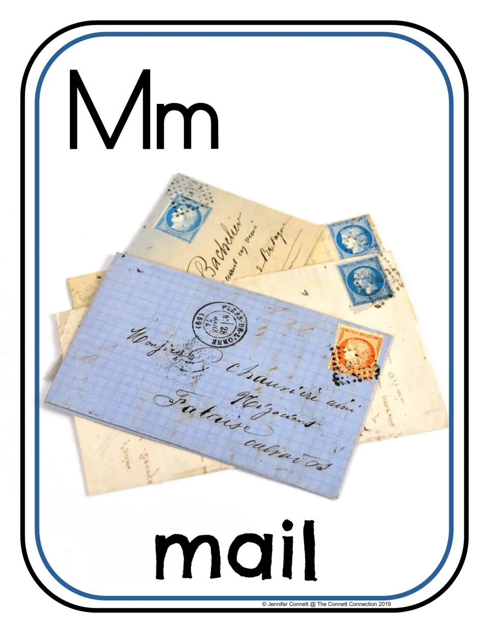Letter Mm beginning sound card: photo of old handwritten letters with postage stamps, labeled with the word mail
