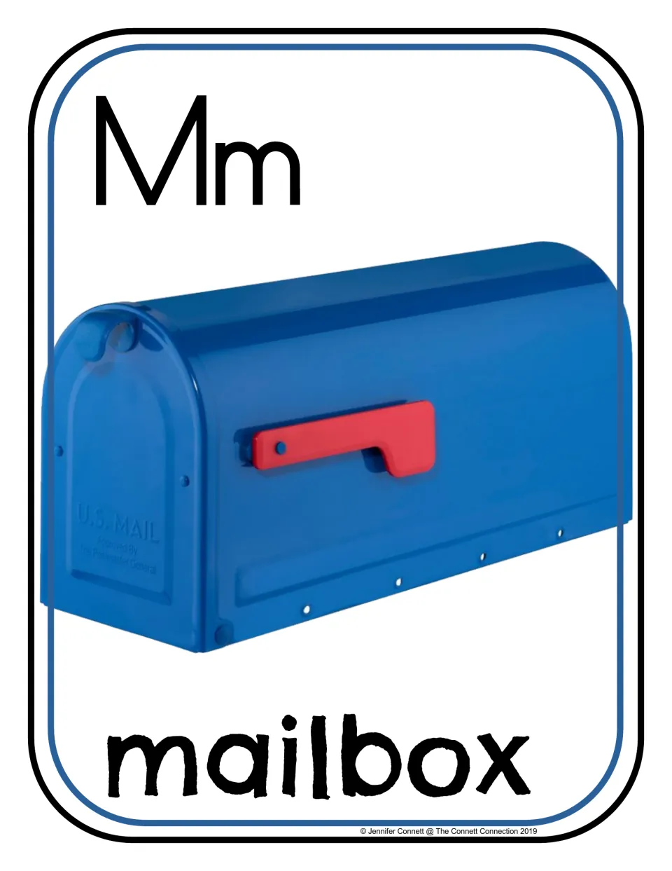 Letter Mm beginning sound card: photo of a blue metal mailbox with a red flag, labeled with the word mailbox