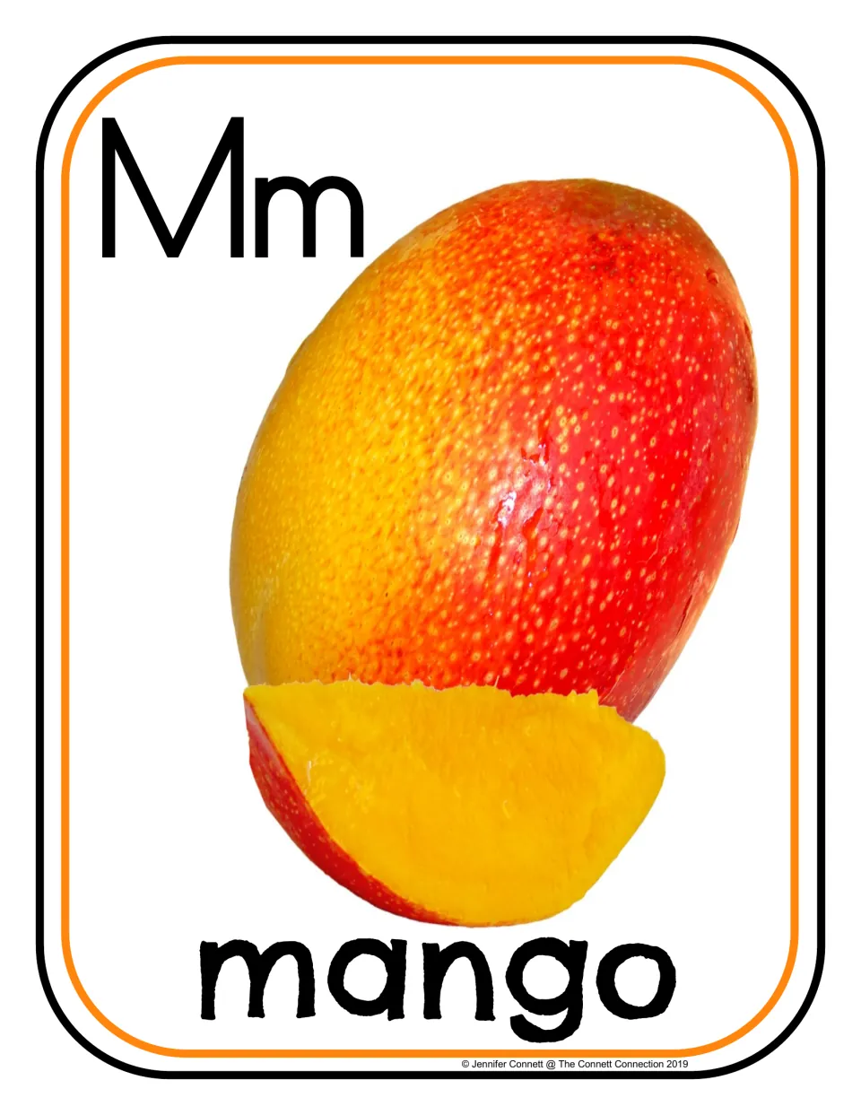 Letter Mm beginning sound card: photo of a whole red-yellow mango and a cut slice, labeled with the word mango