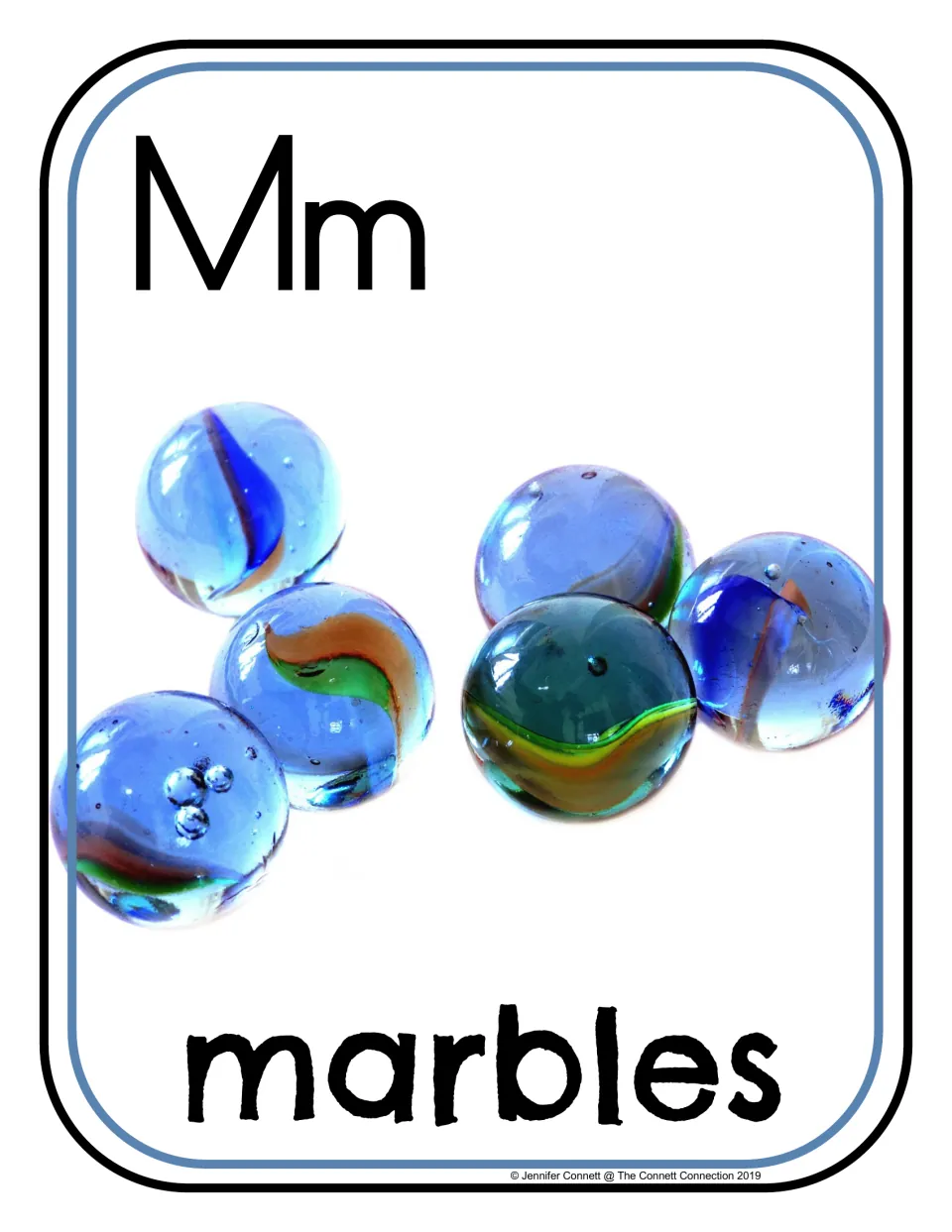 Letter Mm beginning sound card: photo of six blue glass marbles with colored swirls, labeled with the word marbles