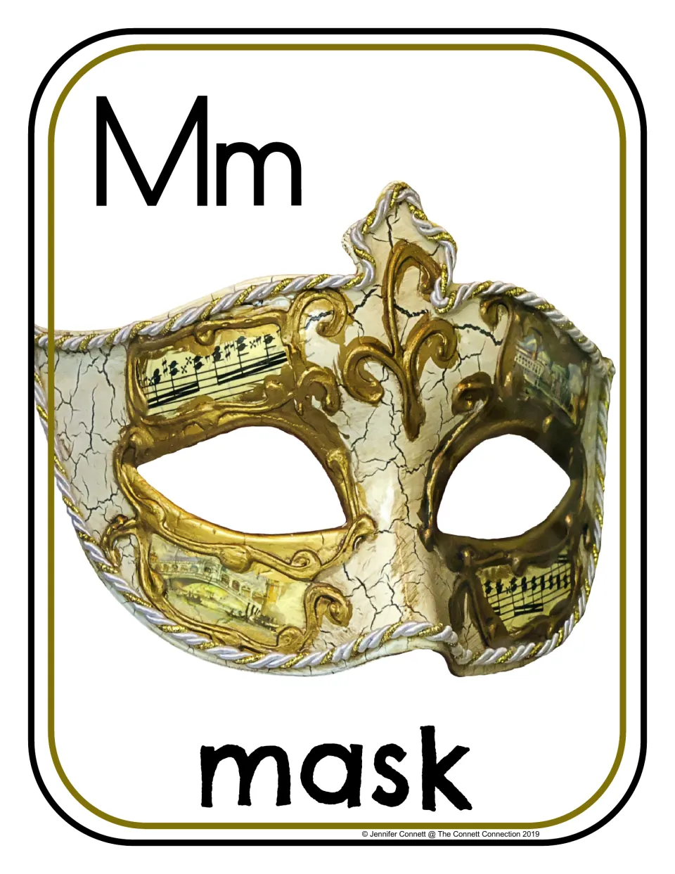 Letter Mm beginning sound card: photo of a gold and cream masquerade mask with music notes, labeled with the word mask