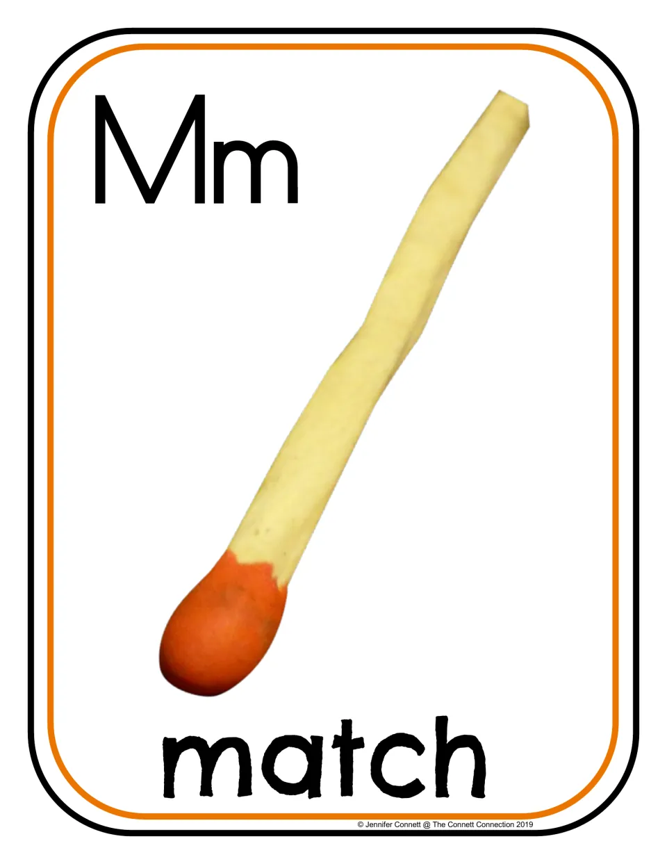 Letter Mm beginning sound card: photo of a single wooden matchstick with an orange tip, labeled with the word match