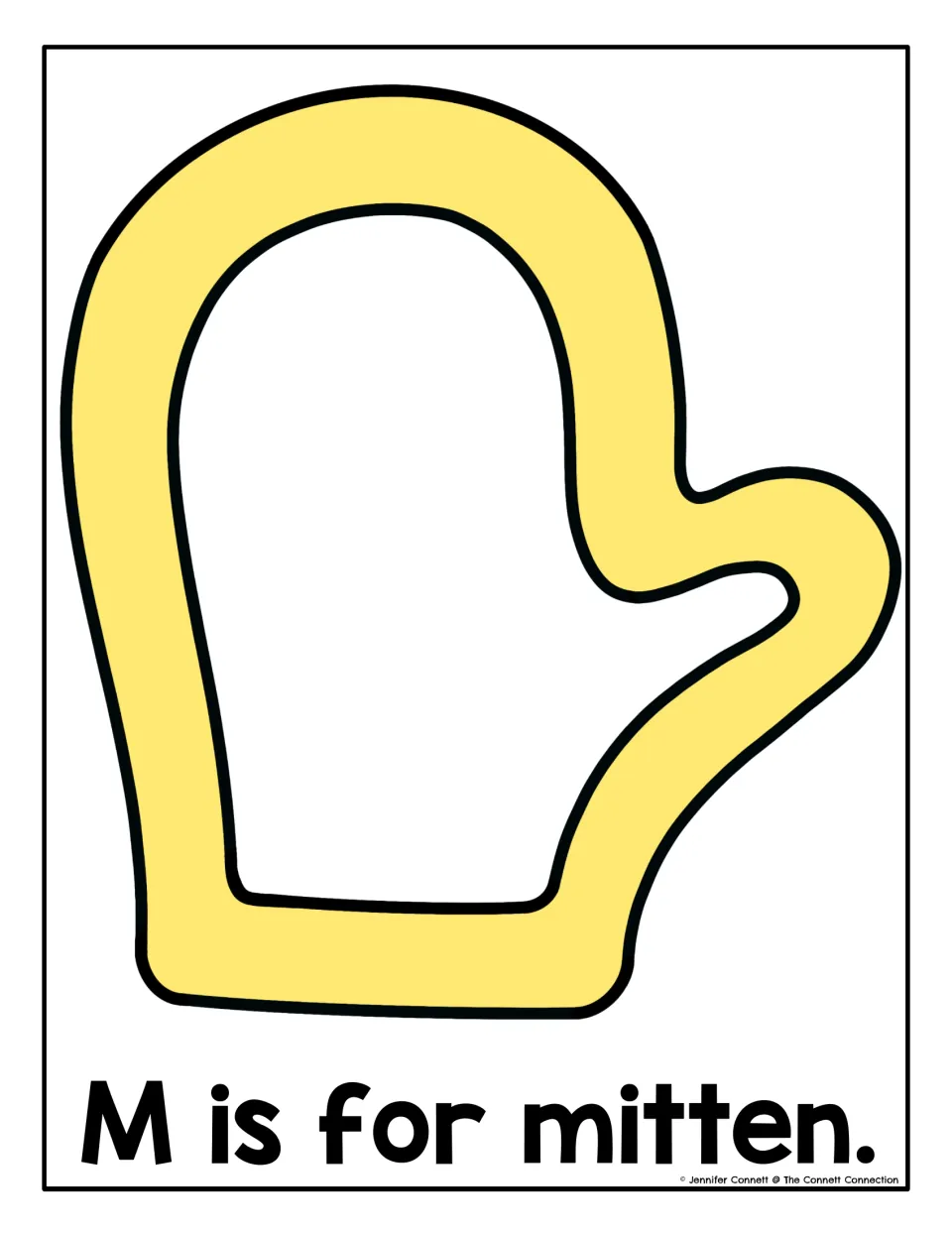 M is for mitten: students press playdough along a yellow mitten outline to practise the beginning M sound