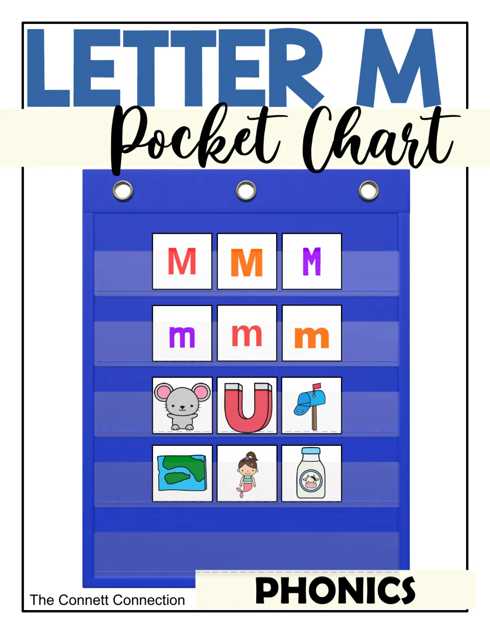 Letter M phonics cover: a pocket chart holding M and m cards plus mouse, magnet, mailbox, map, mermaid and milk pictures