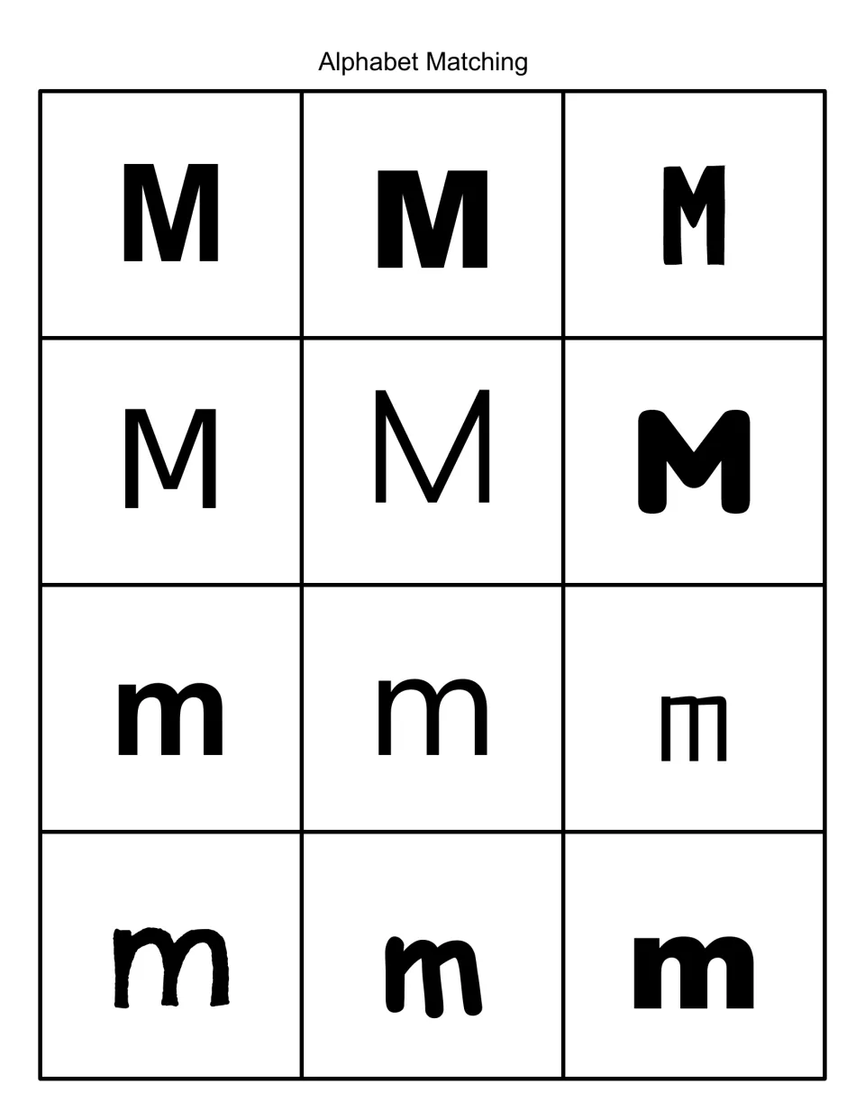 Alphabet Matching: 12 black letter cards to cut out, six uppercase M and six lowercase m, each in a different font