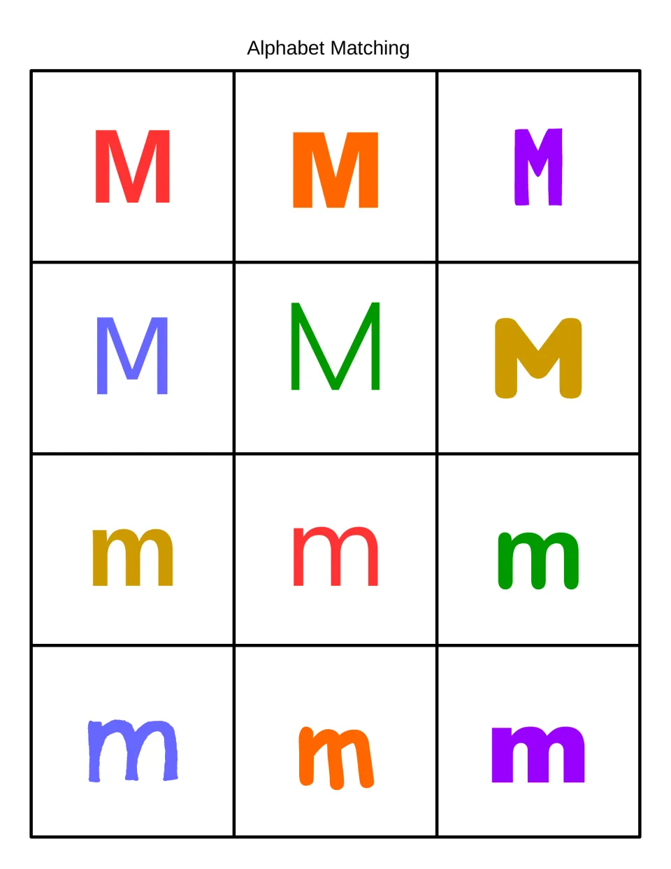 Alphabet Matching in color: 12 cards showing uppercase M and lowercase m in varied fonts and colors for letter recognition