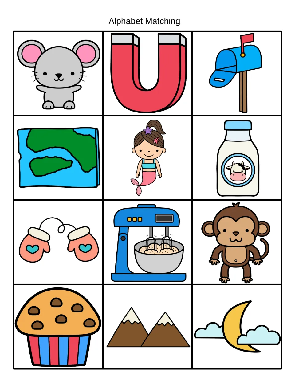 Alphabet Matching: 12 /m/ picture cards incl. mouse, magnet, mailbox, map, mermaid, milk, mittens, monkey, muffin and moon