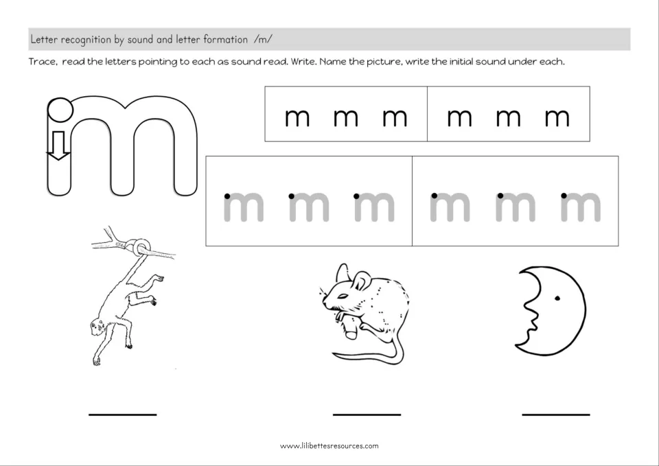 Letter m tracing and initial sound: students trace m, read m rows, then write the first sound under monkey, mouse and moon